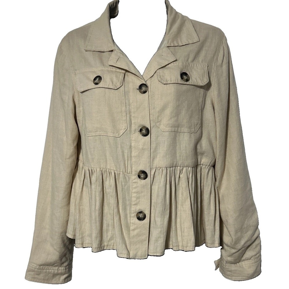 Mi Ami Tan Beige Linen Cotton Blend Pleated Light Women's Jacket Size M